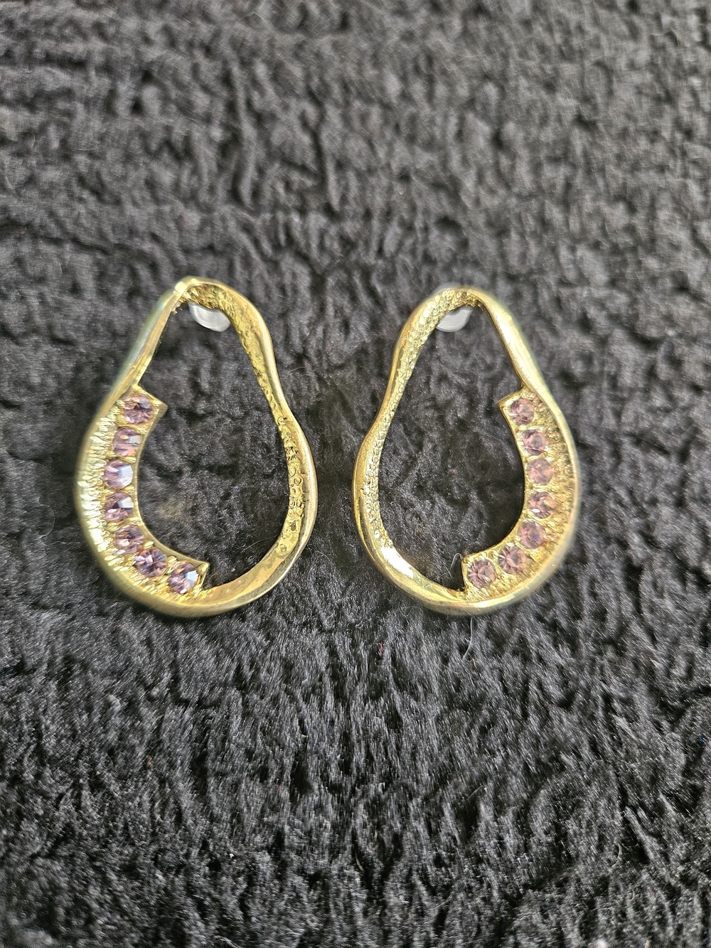 Gold Tone Teardrop Earrings Pink Rhinestone Accent‎ Statement Earrings